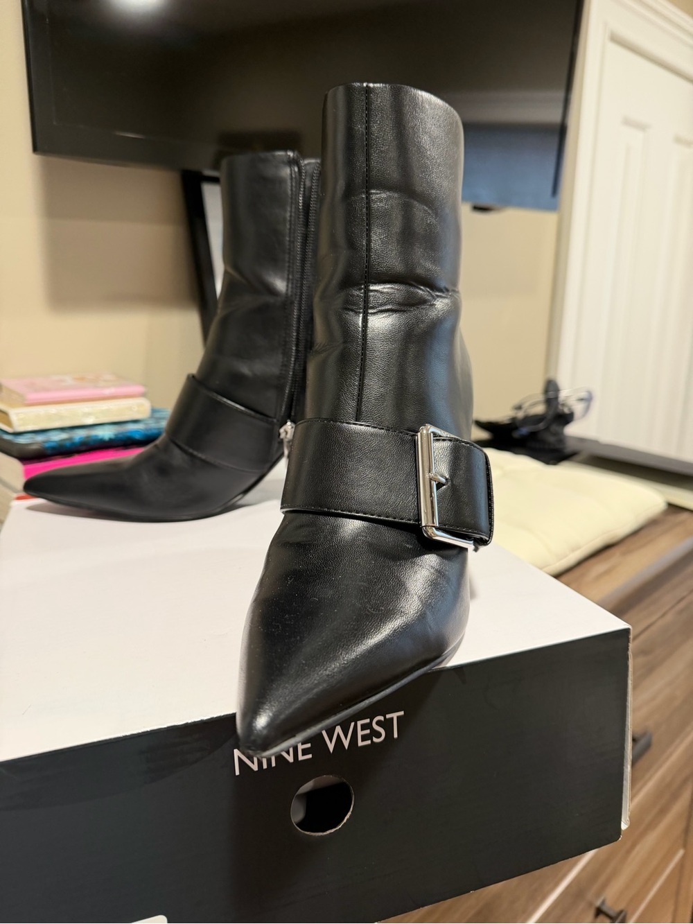 Nine West Black Pointed Buckle Leather Ankle Booties